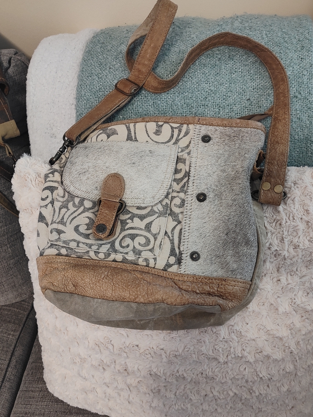 Myra Bag Taupe and Brown Patterned Canvas And Cowhide Bucket Bag/ Shoulder Bag